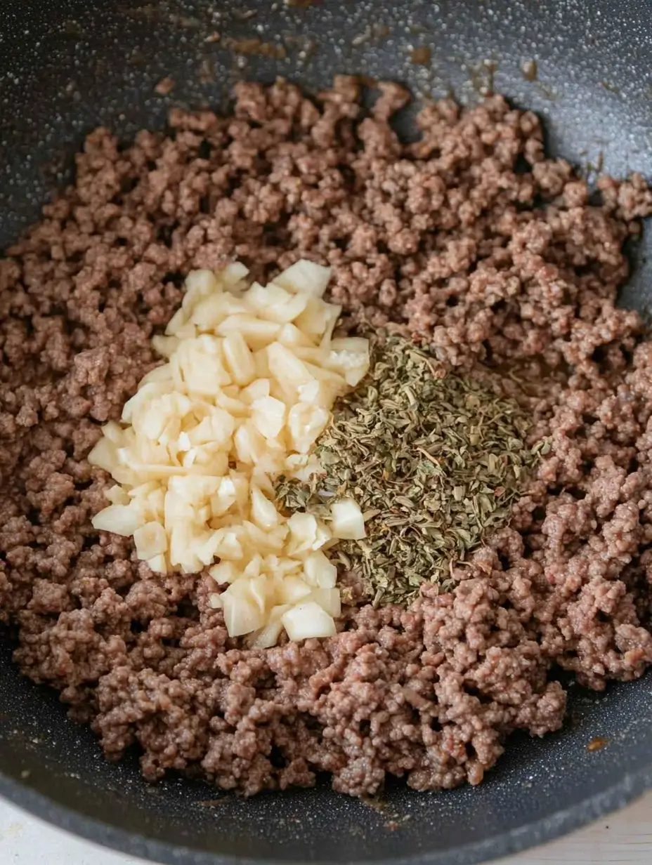 Million Dollar Ravioli Casserole 3 cooked-ground-beef-with-diced-onions-and-dried-herbs