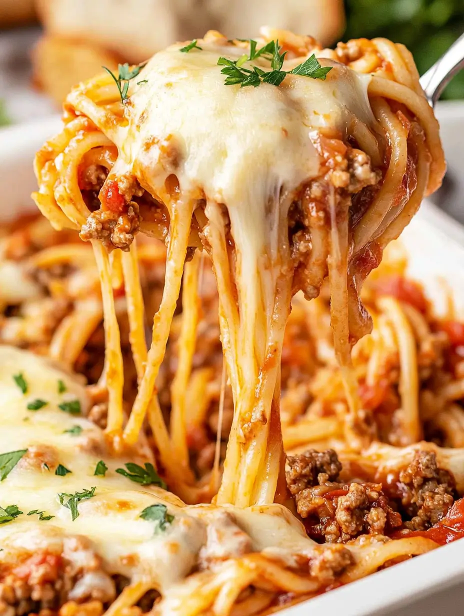 MILLION DOLLAR SPAGHETTI ALFREDO 2 A fork lifting cheesy, saucy baked million dollar spaghetti alfredo with ground beef and melted mozzarella.