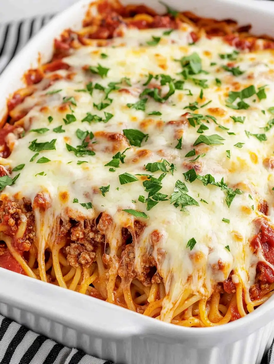 MILLION DOLLAR SPAGHETTI ALFREDO 7 A fully baked million dollar spaghetti alfredo casserole topped with golden, melted cheese and garnished with fresh parsley.