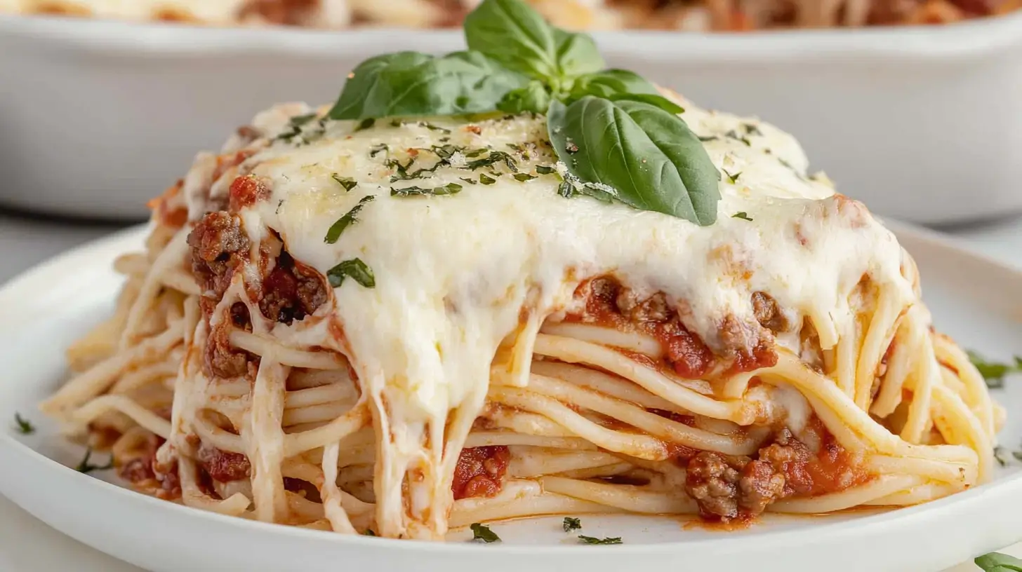 MILLION DOLLAR SPAGHETTI ALFREDO 1 A plate of layered baked spaghetti with melted cheese, rich meat sauce, and fresh basil garnish, served hot and ready to enjoy.