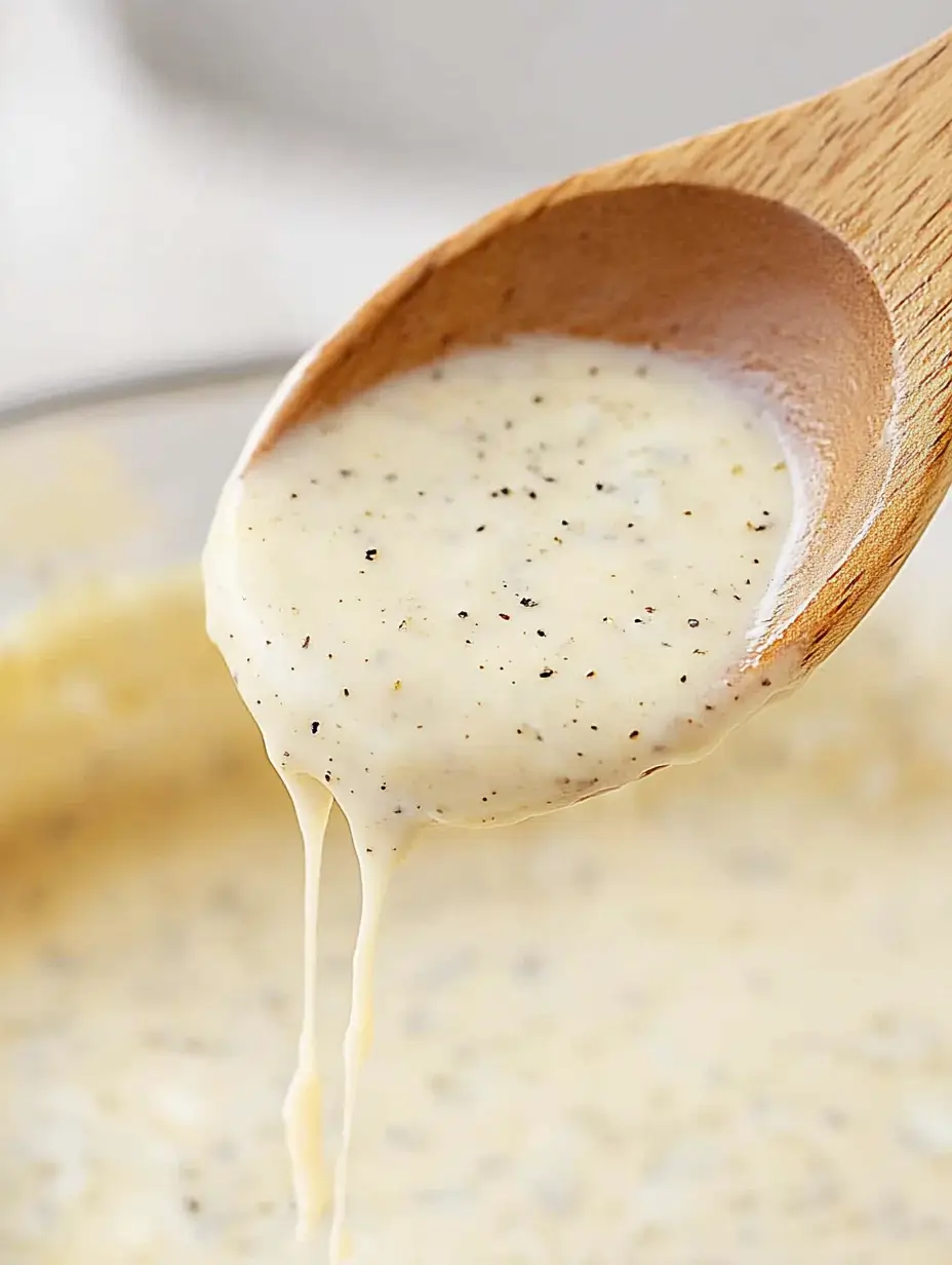 MILLION DOLLAR SPAGHETTI ALFREDO 3 A wooden spoon holding creamy homemade Alfredo sauce with black pepper specks.
