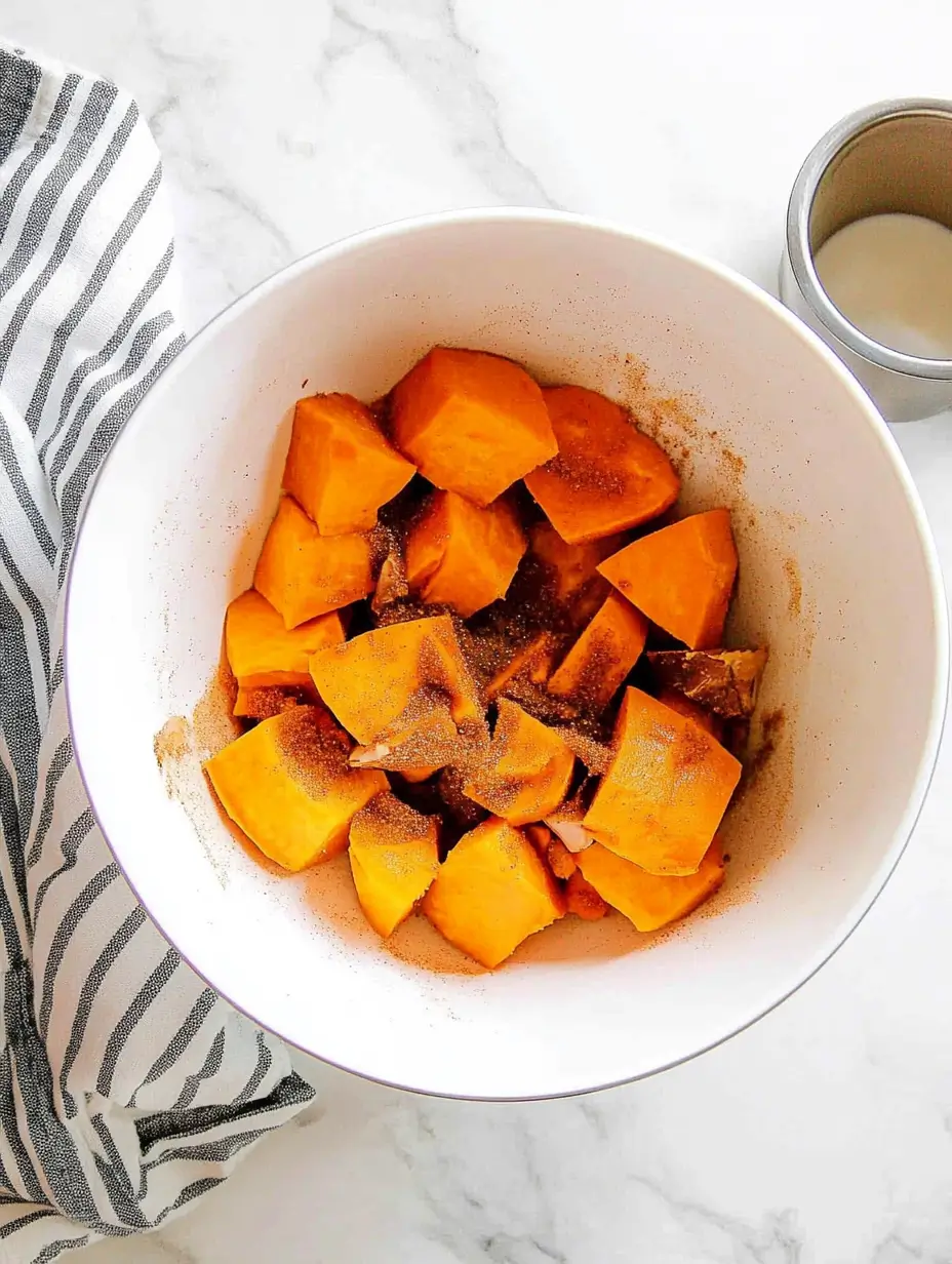 Old Fashioned Sweet Potato Casserole Recipe 2 Freshly cubed sweet potatoes sprinkled with spices in a white mixing bowl, sitting next to a striped kitchen towel.