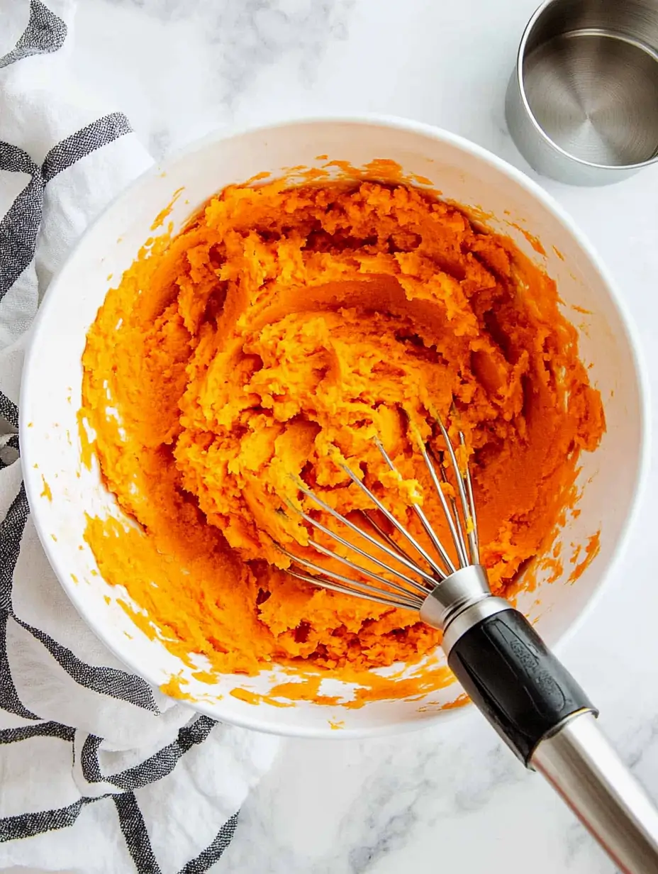 Old Fashioned Sweet Potato Casserole Recipe 3 Bright orange mashed sweet potatoes in a white mixing bowl with a whisk, sitting on a marble countertop.