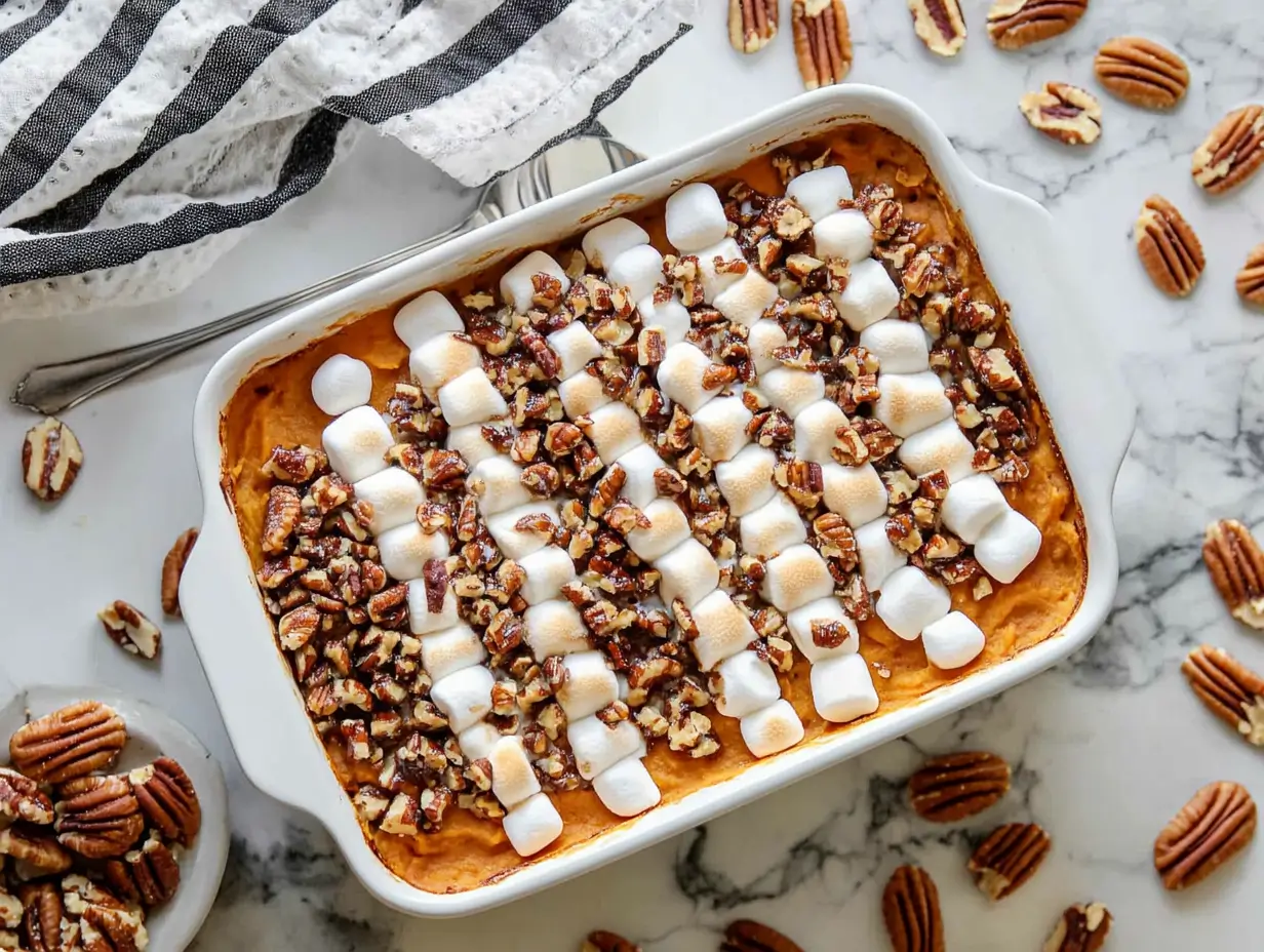 Old Fashioned Sweet Potato Casserole Recipe 1 A closeup of baked sweet potato casserole in a white dish, topped with toasted marshmallows and chopped pecans on a marble countertop, surrounded by whole pecans.
