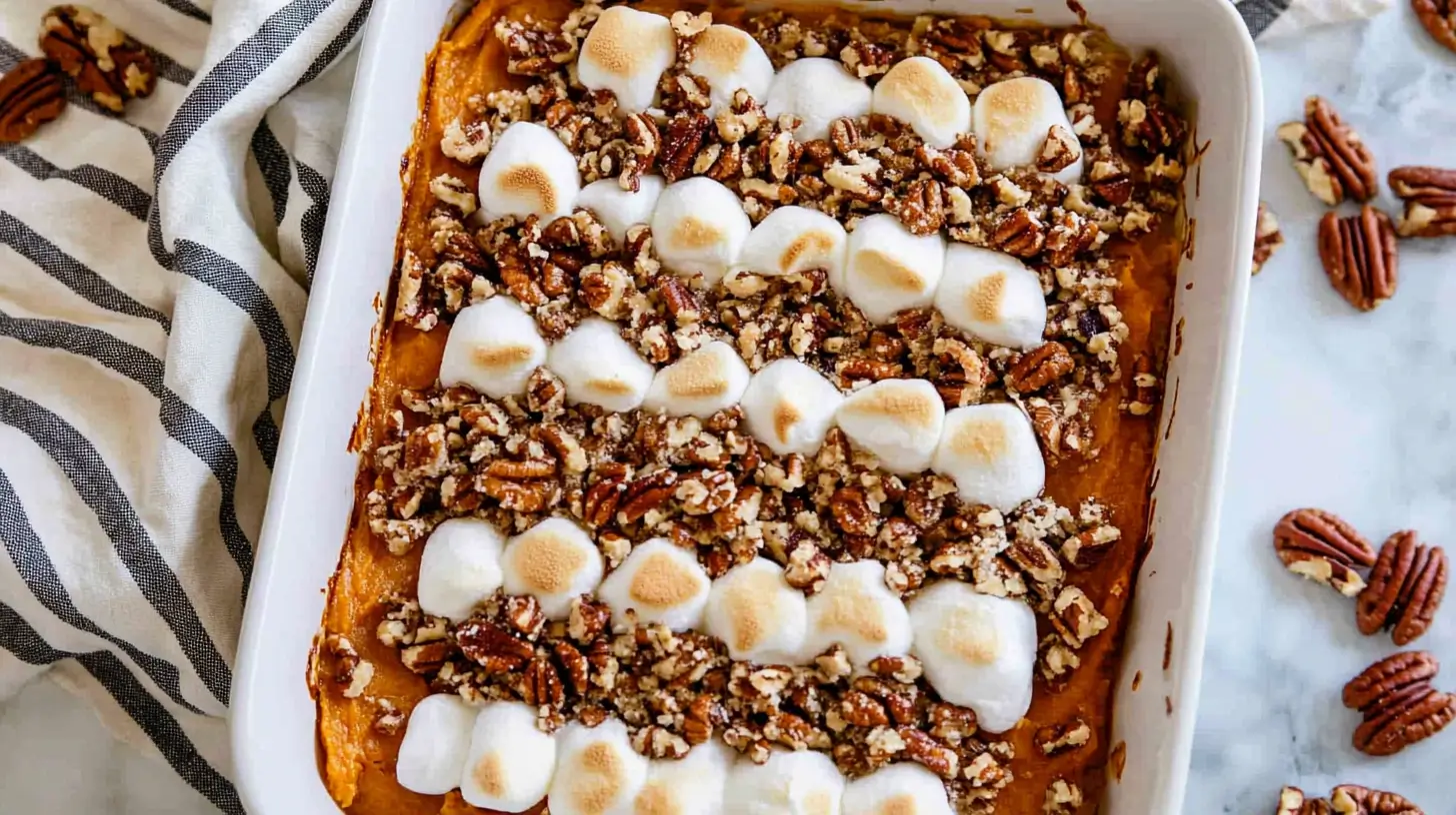 A close-up of a baked sweet potato casserole topped with marshmallows and pecans in a white dish on a marble surface.