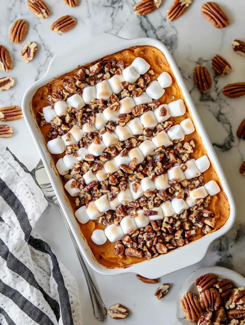 Old Fashioned Sweet Potato Casserole Recipe 5 A baked sweet potato casserole in a white dish, topped with toasted marshmallows and chopped pecans on a marble countertop, surrounded by whole pecans.