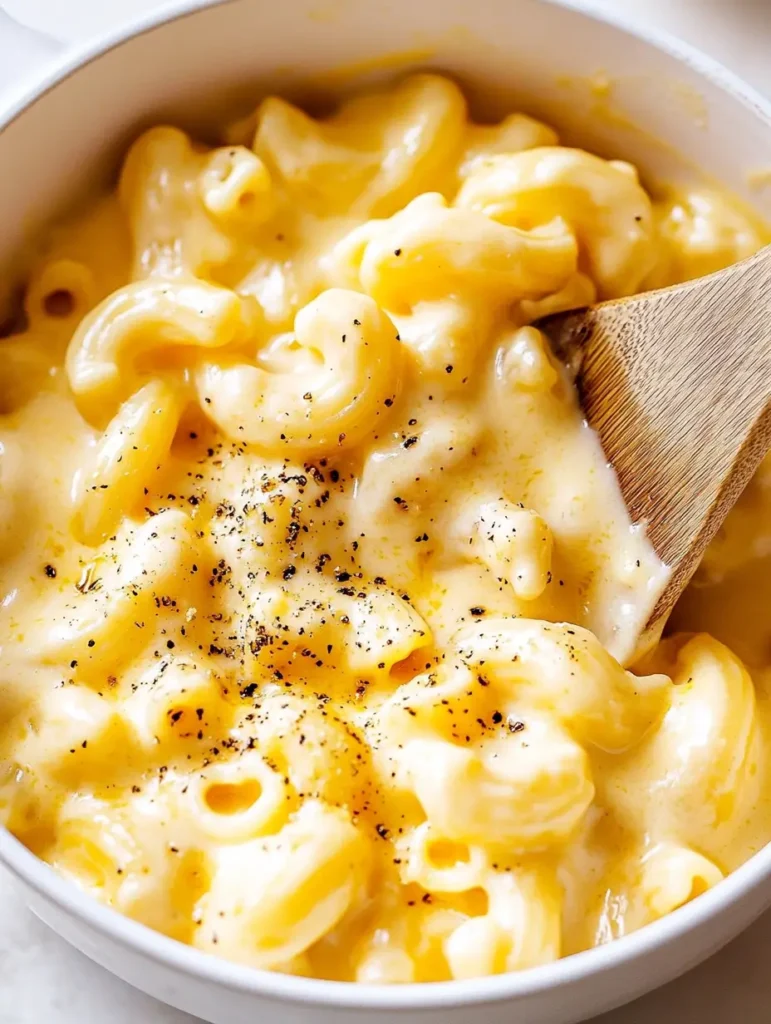 A creamy cheese sauce mixed with cooked macaroni in a white pot, sprinkled with black pepper, and stirred with a wooden spoon.