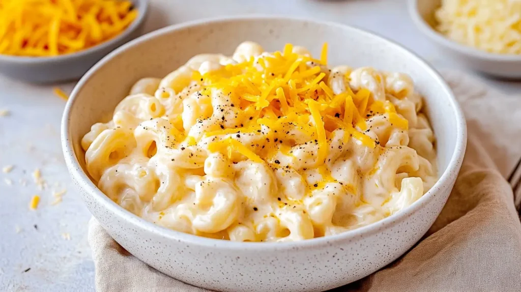 A bowl of protein-rich macaroni and cheese, garnished with cheddar and black pepper, styled with a neutral napkin and a background of extra cheese bowls.