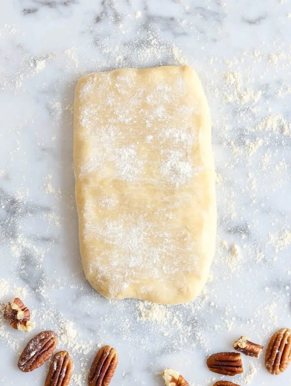 Pecan Rolls 6 rectangular-dough-dusted-with-flour-on-marble-surface-with-scattered-pecans-topdown-view