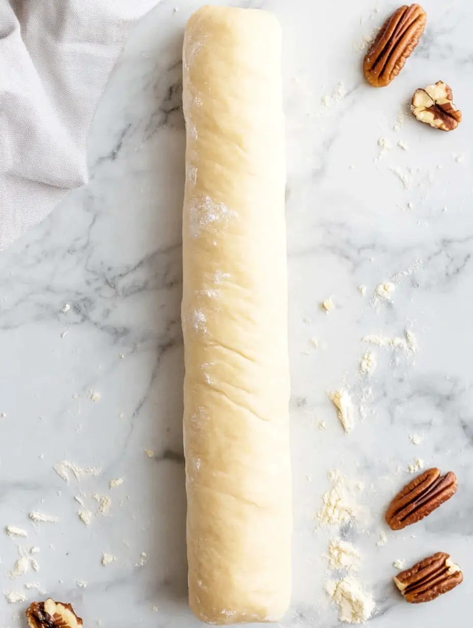 Pecan Rolls 8 rolled-dough-log-on-marble-surface-with-scattered-flour-and-pecans-topdown-view