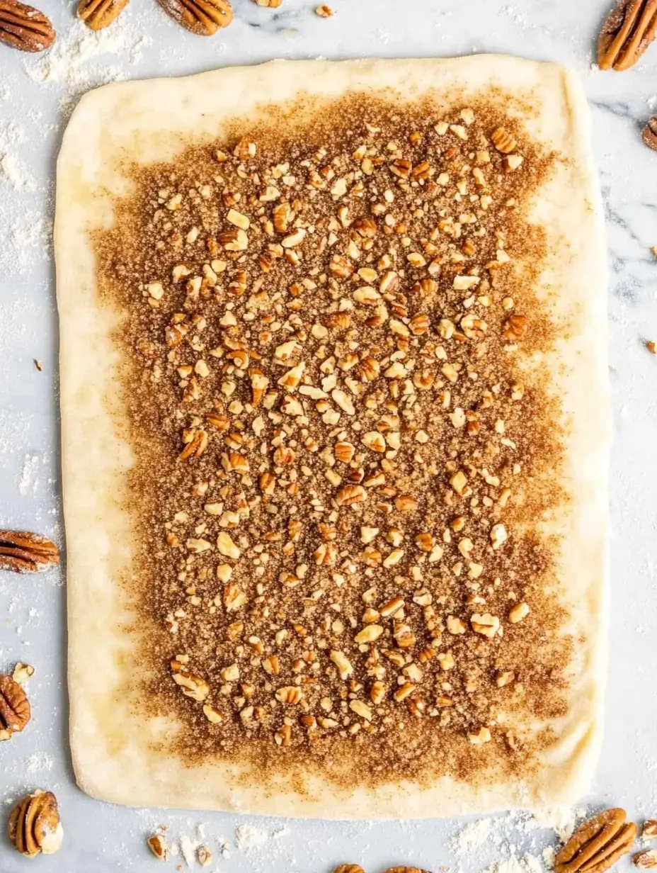Pecan Rolls 7 rolled-dough-topped-with-cinnamon-sugar-and-chopped-pecans-ready-for-baking