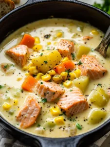Creamy salmon soup served in a black pot