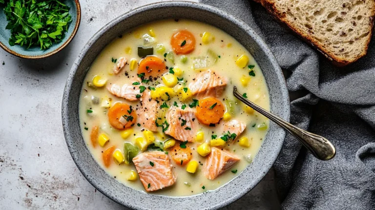 Overhead shot of a creamy salmon soup in a gray bowl, showcasing vibrant vegetables like corn and carrots, soft salmon pieces, and a sprinkle of fresh herbs.