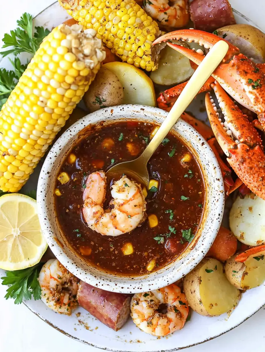 SEAFOOD BOIL SAUCE RECIPE 5 A bowl of seafood boil sauce with a golden spoon lifting the sauce, surrounded by crab legs, corn, and shrimp.