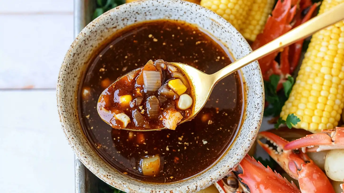 SEAFOOD BOIL SAUCE RECIPE 1 A close-up of a spoonful of seafood boil sauce containing onions, corn, and a dark, seasoned broth.