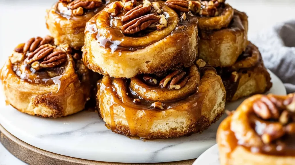 stacked-cinnamon-rolls-with-caramel-glaze-and-pecans-on-a-marble-surface