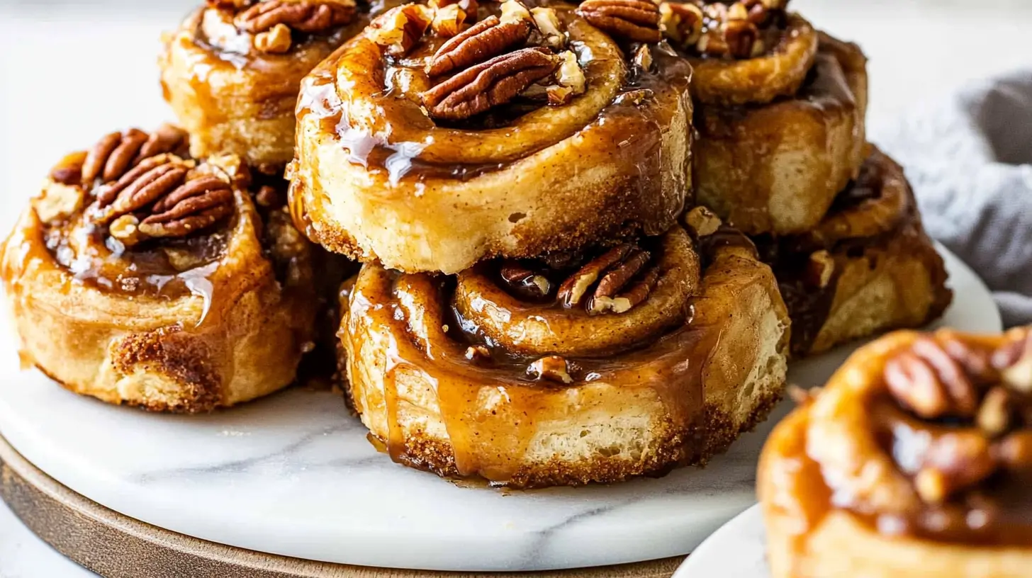 Pecan Rolls 1 stacked-cinnamon-rolls-with-caramel-glaze-and-pecans-on-a-marble-surface