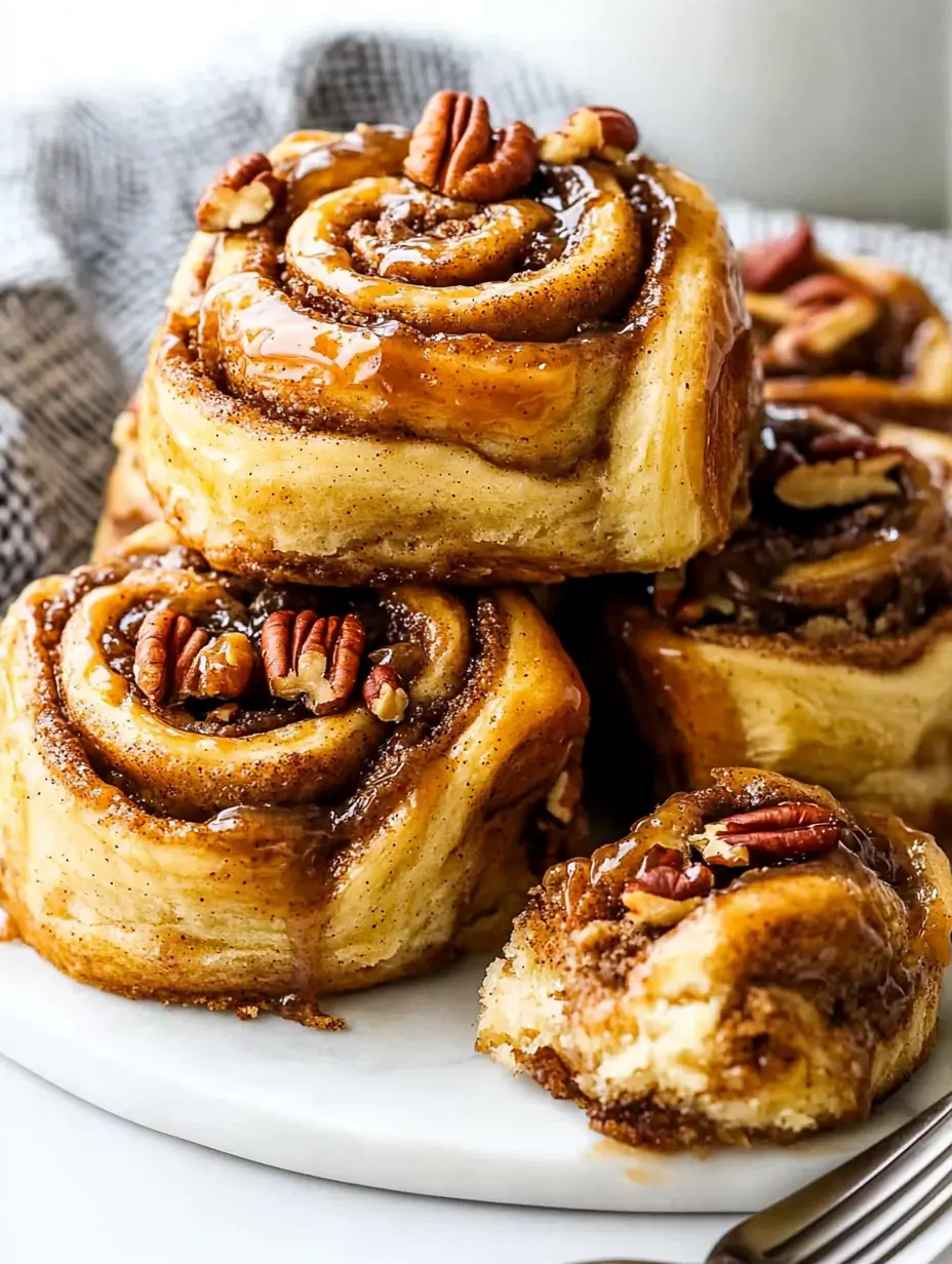 Pecan Rolls 2 stacked-cinnamon-rolls-with-pecans-and-glaze-presented-on-a-white-surface-with-a-gray-cloth-background