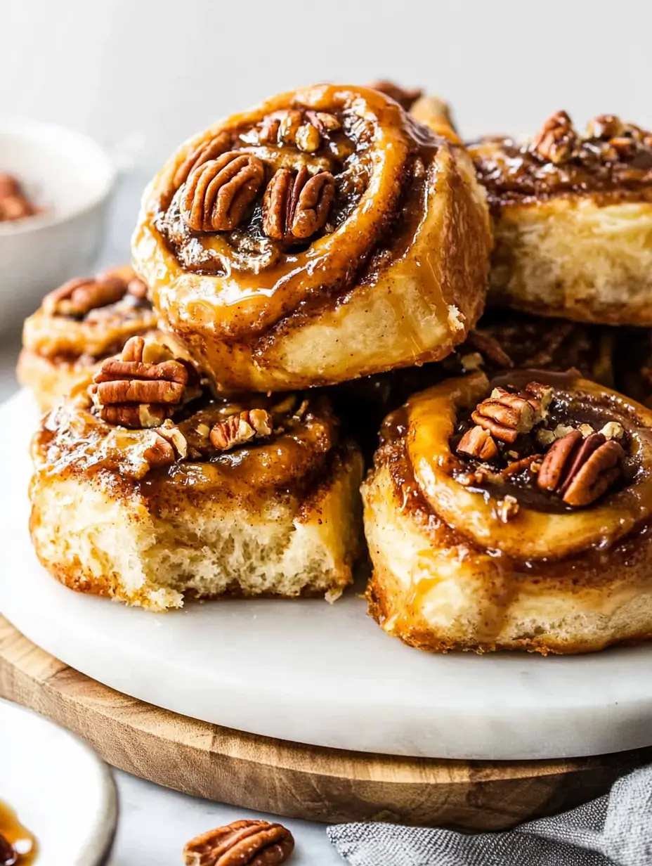 stacked-pecan-cinnamon-rolls-with-a-glossy-glaze-on-a-white-marble-board-one-roll-has-a-bite-taken-out