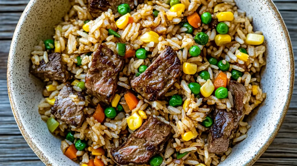 bowl of steak fried rice