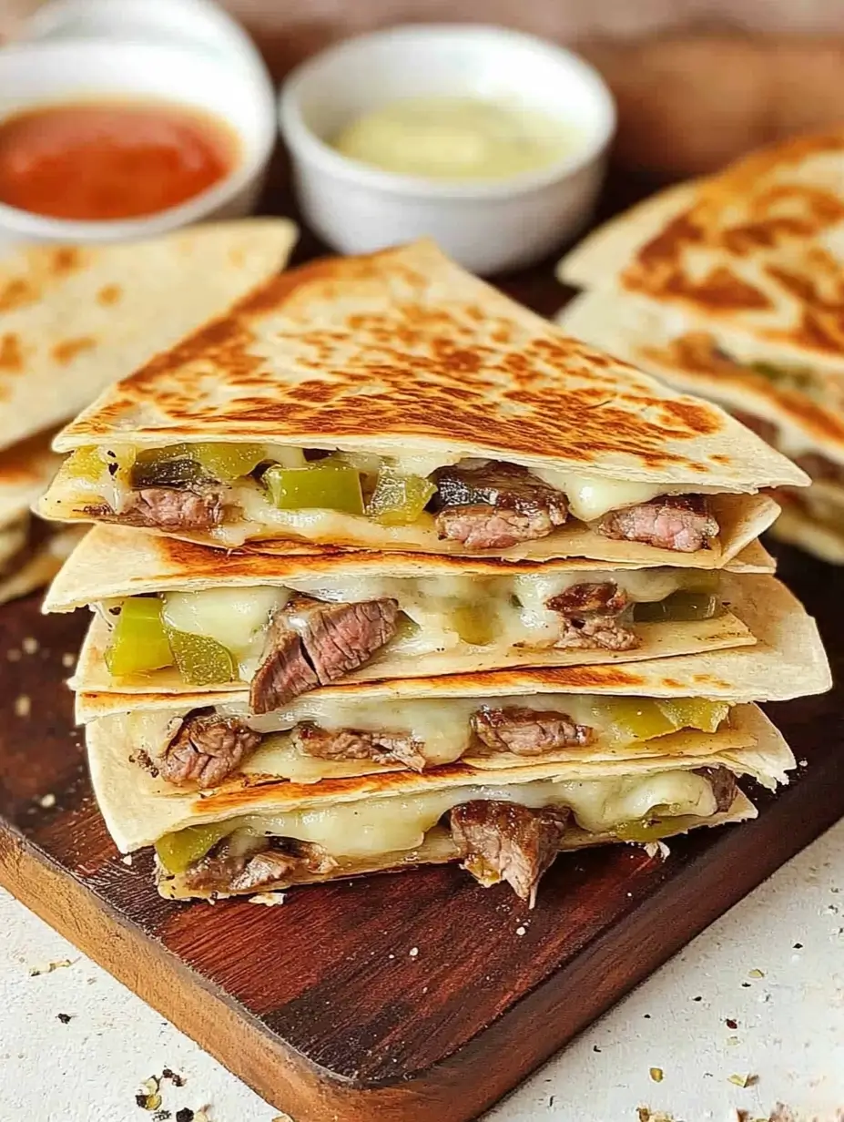 Steak Quesadilla Recipe You Can Whip Up Anytime 2 A stack of steak quesadilla slices stuffed with melted cheese, peppers, and onions.