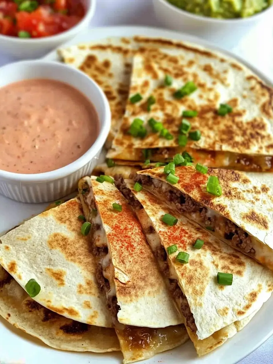 Steak Quesadilla Recipe You Can Whip Up Anytime 9 Golden-brown steak quesadillas on a plate with green onions and dipping sauce.