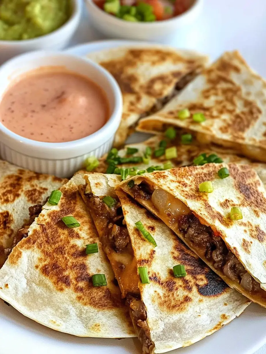 Steak Quesadilla Recipe You Can Whip Up Anytime 7 Cheese-filled steak quesadillas garnished with green onions, served with salsa and guacamole.