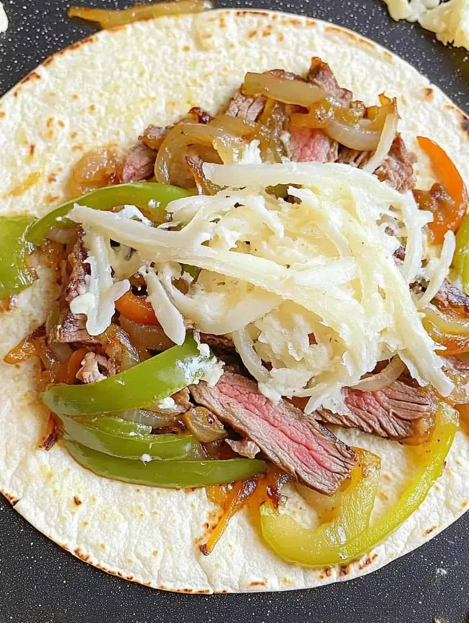Steak Quesadilla Recipe You Can Whip Up Anytime 5 Open steak quesadilla filled with seared beef strips, sautéed onions, and green bell peppers.