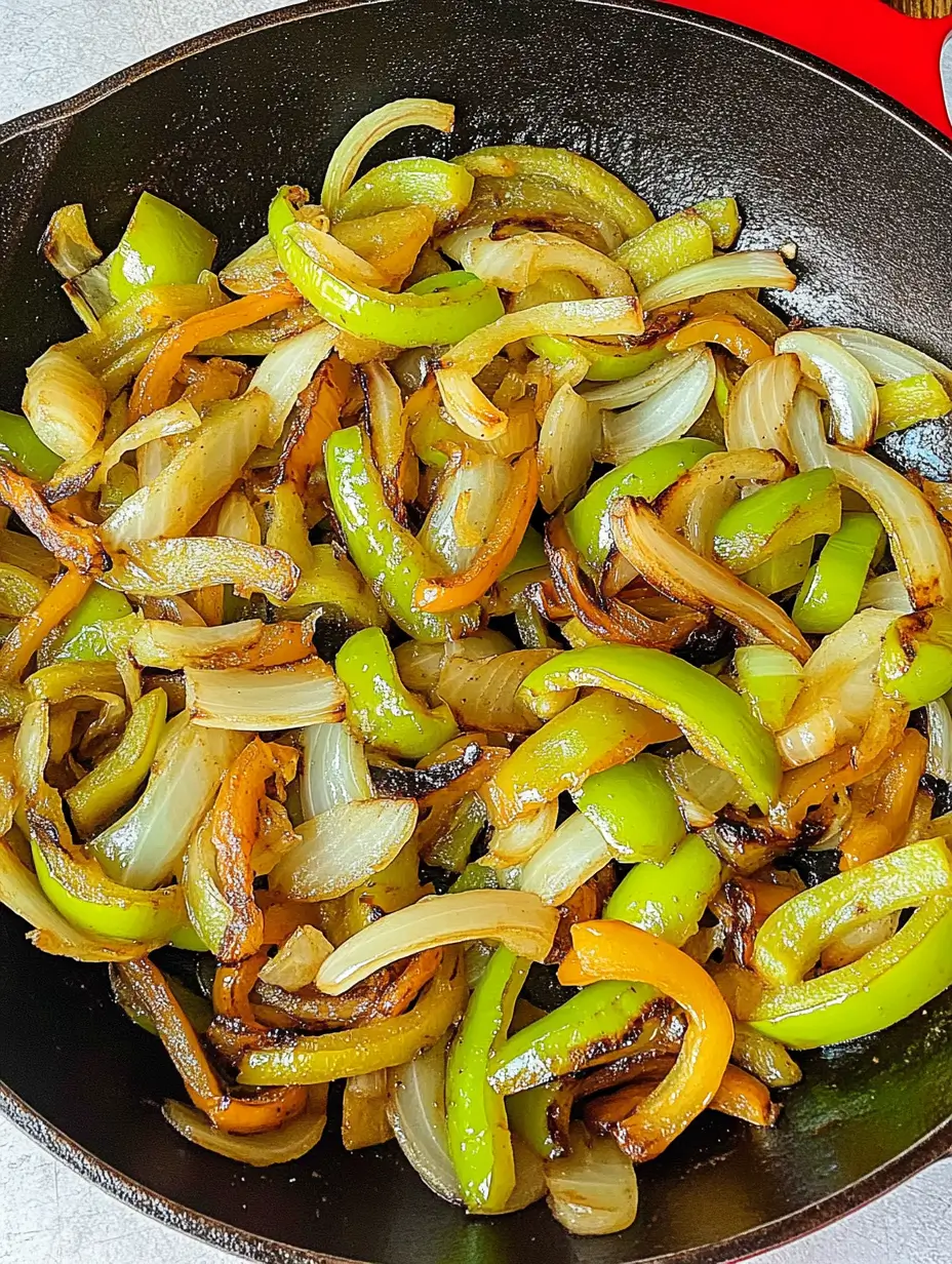 Steak Quesadilla Recipe You Can Whip Up Anytime 4 Sautéed green and orange bell peppers with caramelized onions in a skillet.