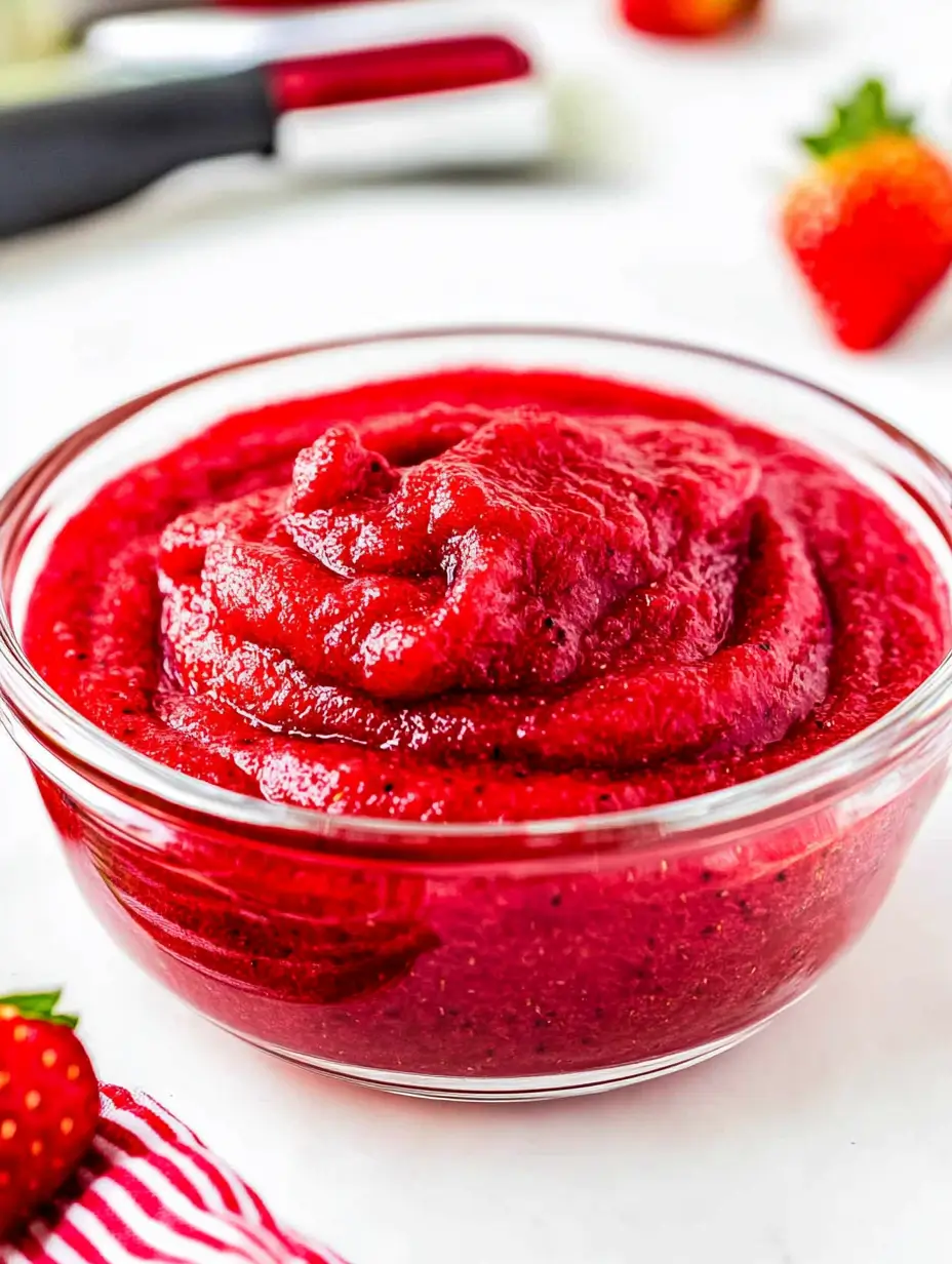 STRAWBERRY PUREE EASY HOMEMADE RECIPE 2 Close-up of a glass showcasing its glossy texture and deep red color.