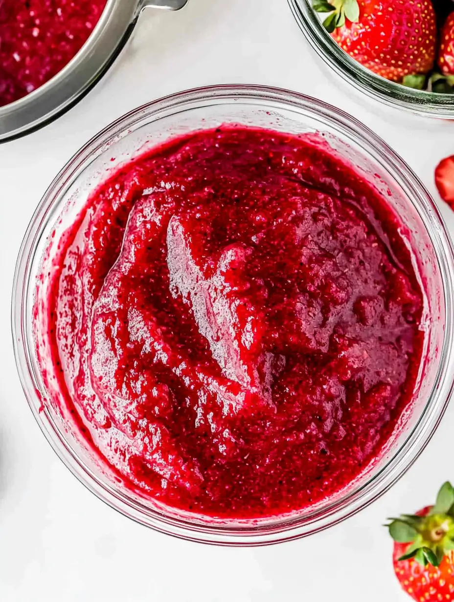 STRAWBERRY PUREE EASY HOMEMADE RECIPE 6 Overhead view of freshly made strawberry puree in a glass bowl, surrounded by strawberries and kitchen utensils.