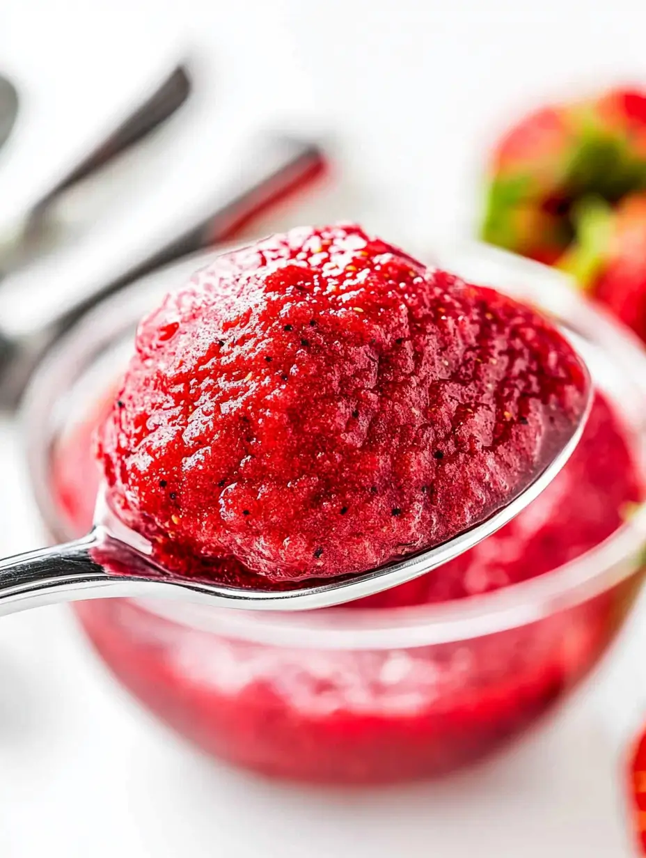 STRAWBERRY PUREE EASY HOMEMADE RECIPE 3 A spoonful of velvety, bright red puree lifted above a glass bowl, highlighting the puree’s rich and thick consistency.