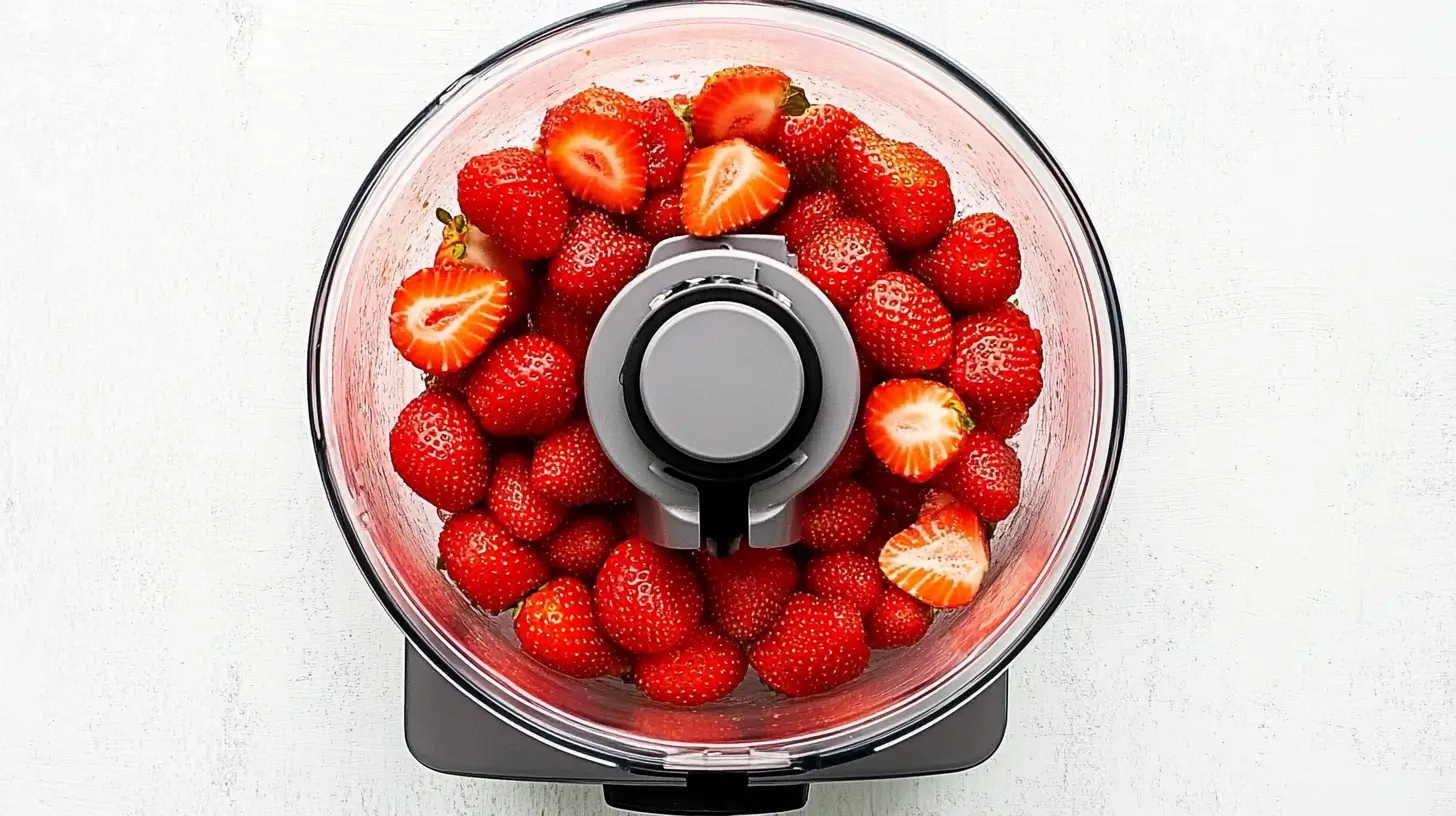 STRAWBERRY PUREE EASY HOMEMADE RECIPE 4 Fresh strawberries placed in a food processor bowl, ready for blending, against a clean, white background.