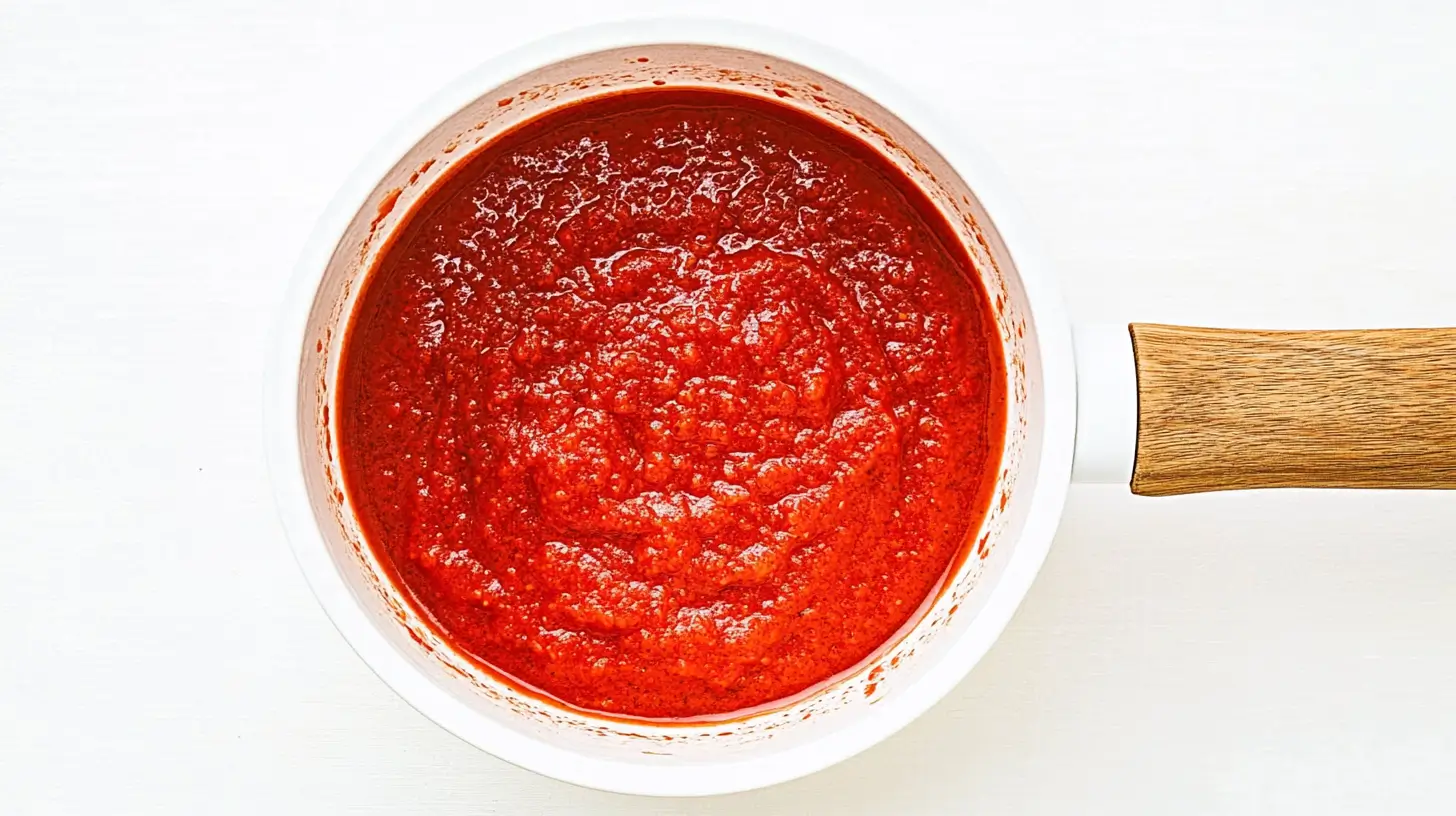 STRAWBERRY PUREE EASY HOMEMADE RECIPE 5 A saucepan filled with smooth, vibrant puree, featuring a wooden handle for a homely kitchen feel.