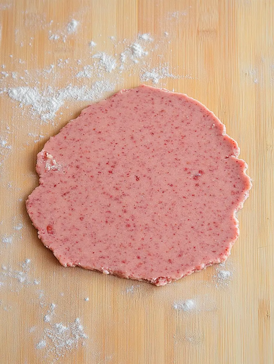 Strawberry Shortbread Cookies 15 pink-shortbread-cookie-dough-rolled-out-on-a-floured-surface