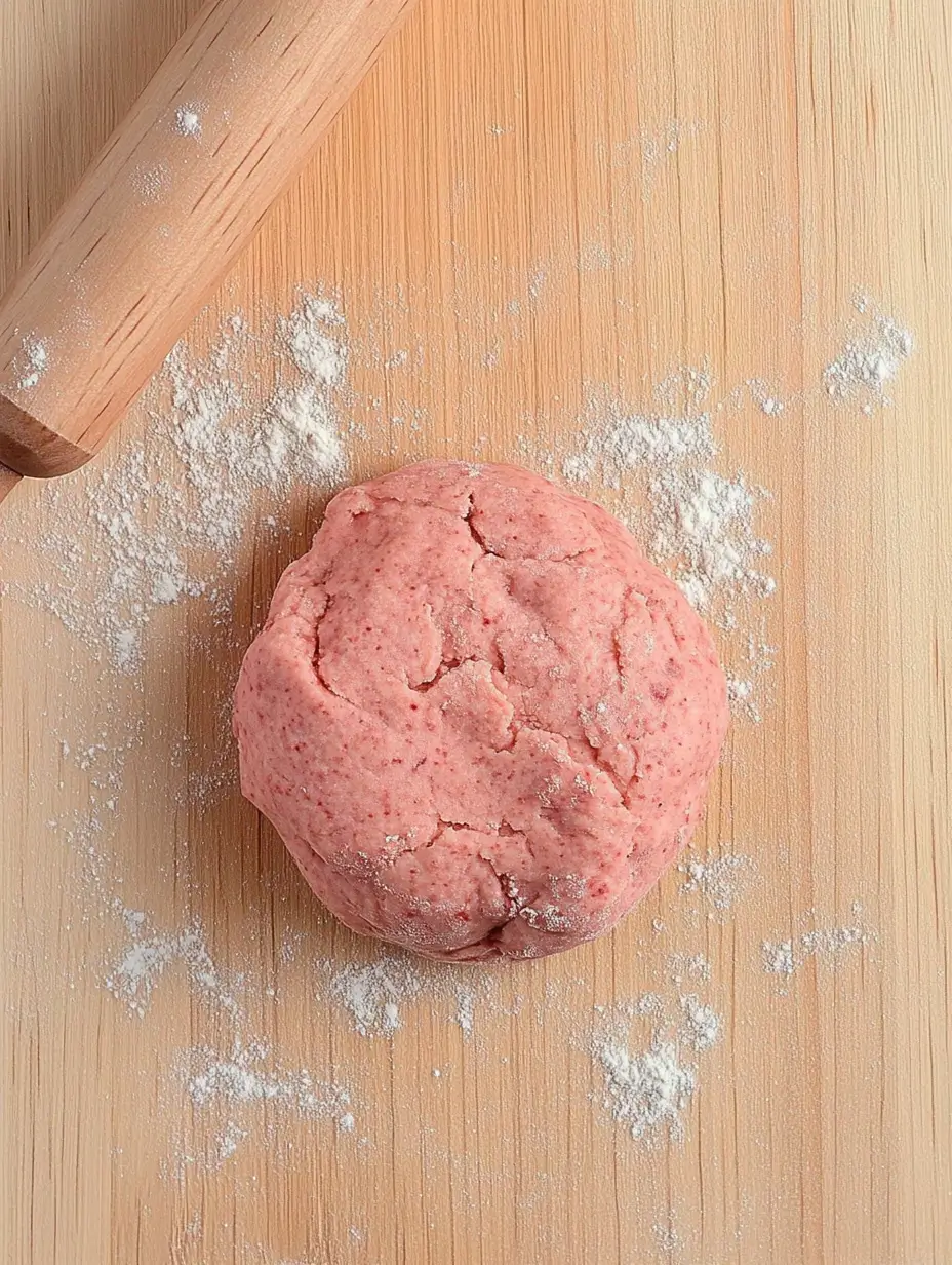 Strawberry Shortbread Cookies 14 pink-shortbread-cookie-dough-on-floured-surface-with-rolling-pin