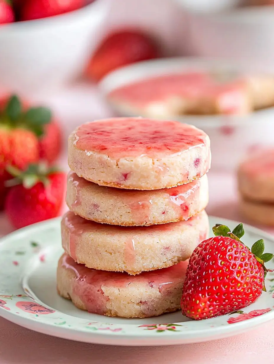 Strawberry Shortbread Cookies 16 baked-strawberry-shortbread-cookies-with-glaze-and-a-bite-taken-out