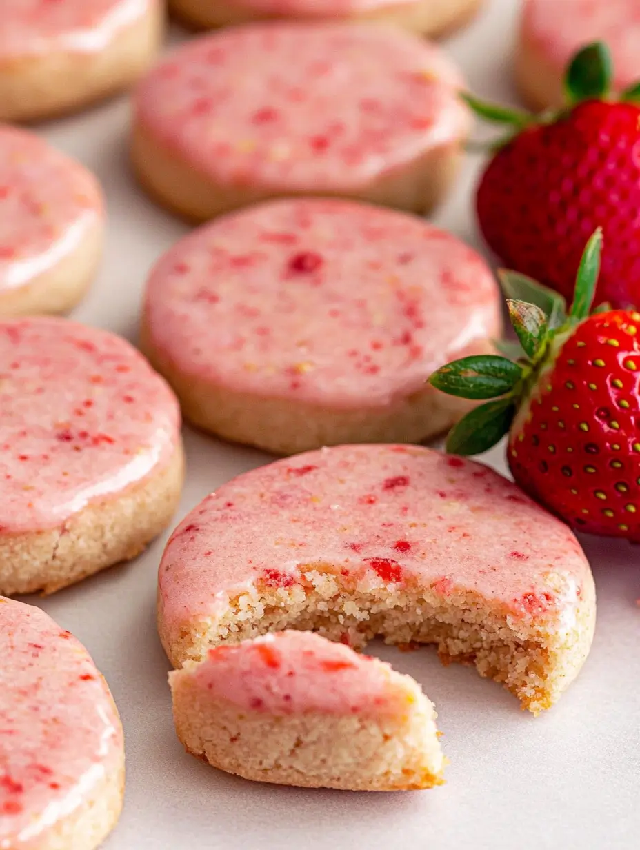 Strawberry Shortbread Cookies 11 strawberry-shortbread-cookie-with-glaze-and-strawberries-on-a-baking-sheet