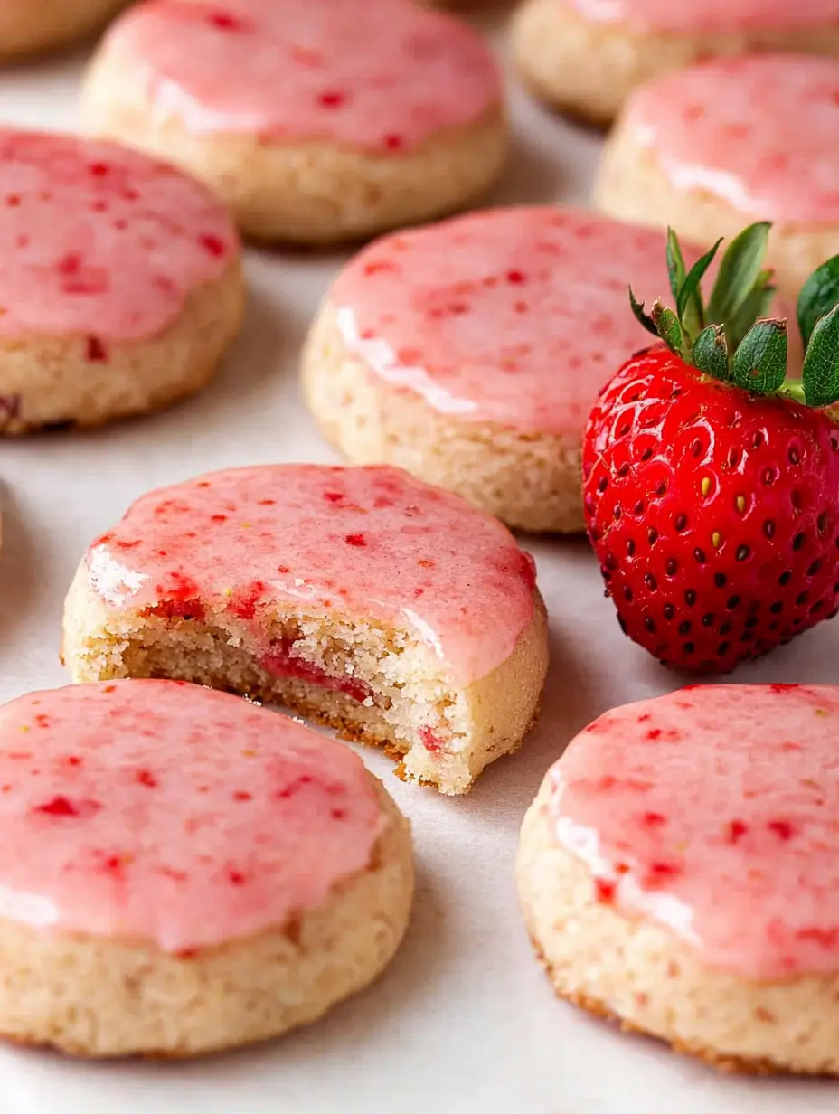 Strawberry Shortbread Cookies 18 tray-of-strawberry-shortbread-cookies-with-glaze-and-strawberries