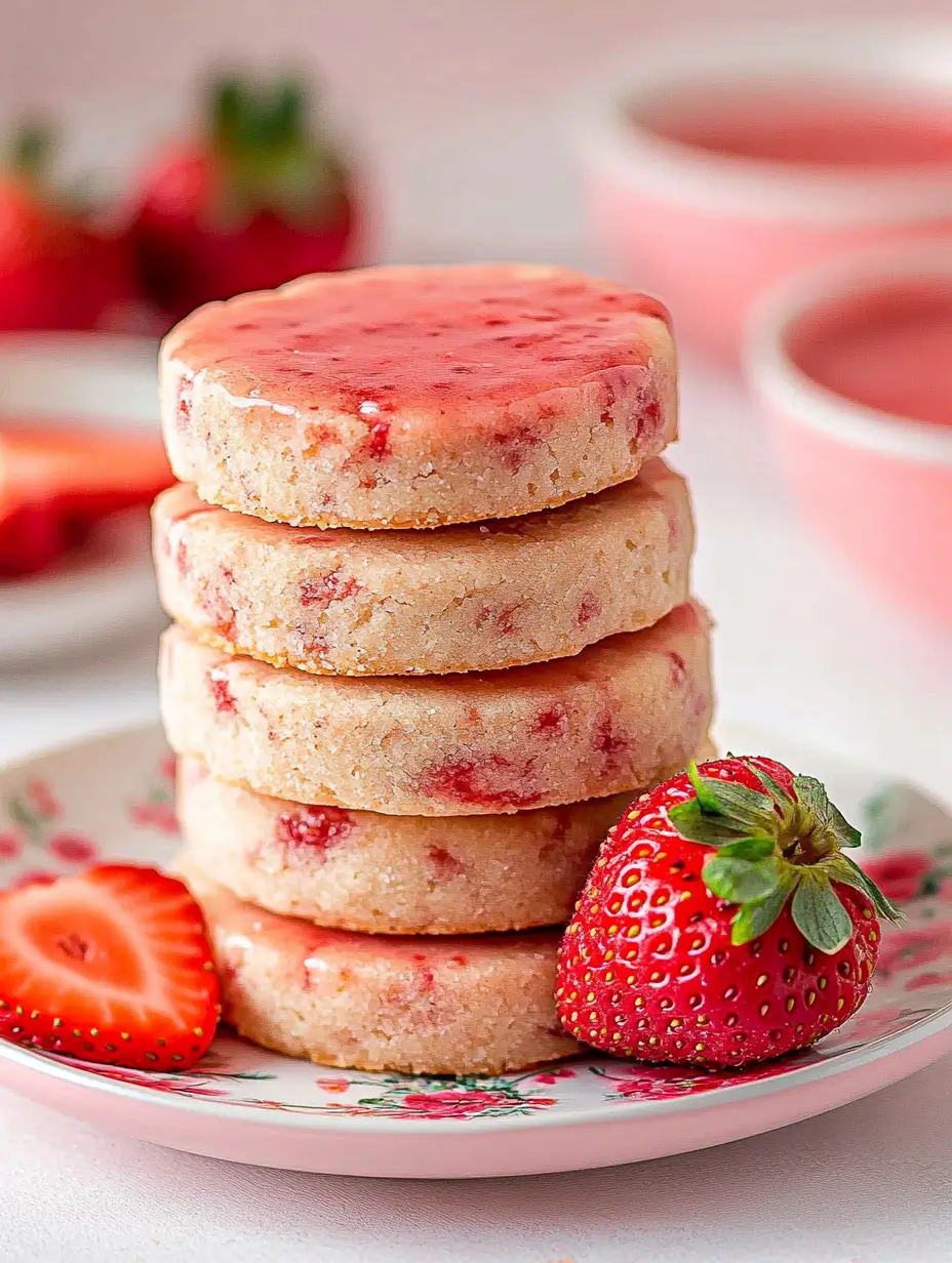 Strawberry Shortbread Cookies 12 strawberry-shortbread-cookies-stacked-on-a-plate-with-fresh-strawberries