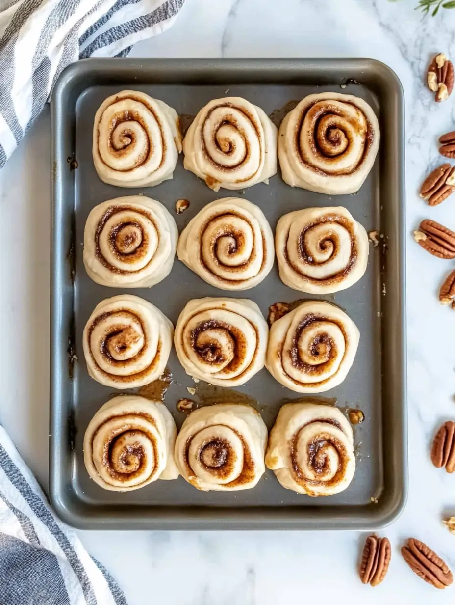 Pecan Rolls 9 unbaked-cinnamon-rolls-on-a-baking-sheet-ready-for-the-oven-pecans-and-a-striped-towel-are-visible