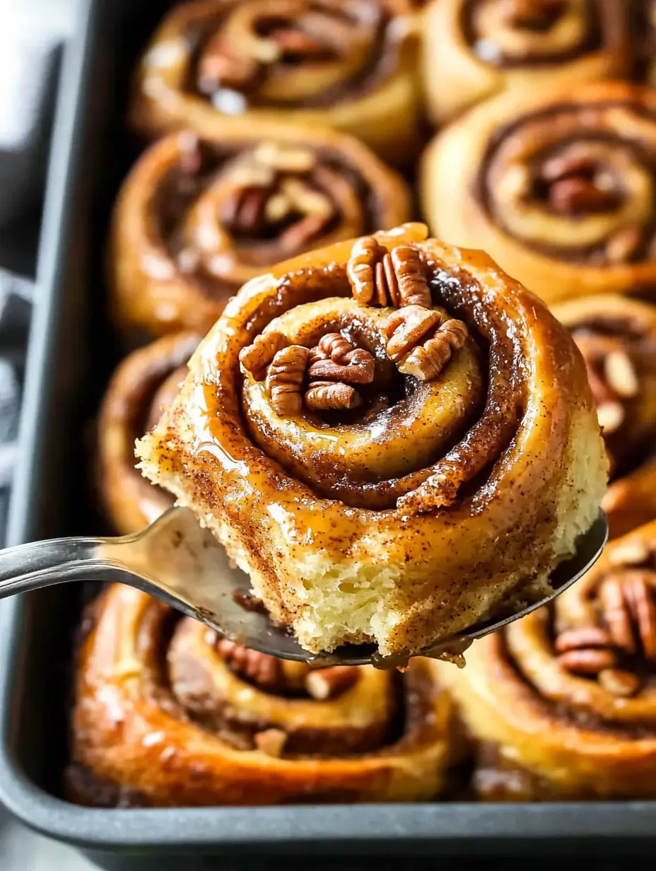 Pecan Rolls 11 warm-glazed-cinnamon-rolls-with-pecans-on-a-spoon-in-a-baking-pan-close-up-view