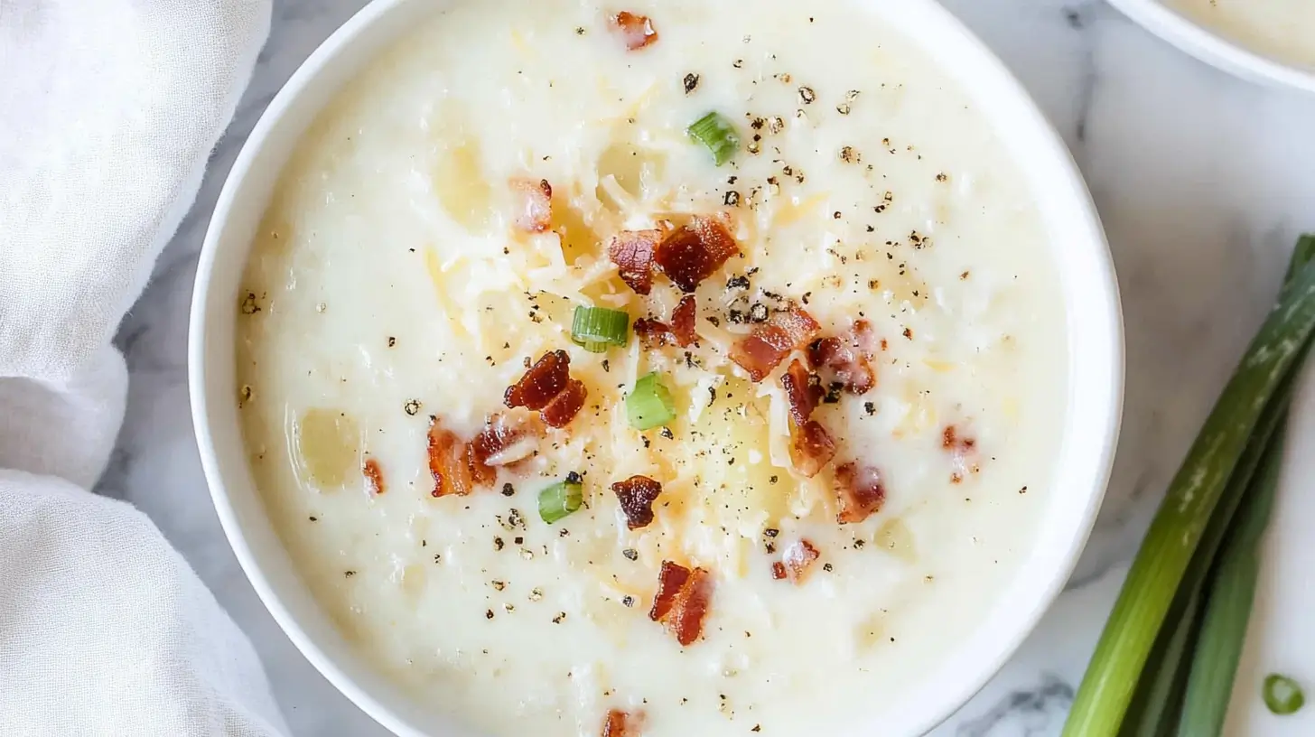 A-wider-shot-of-a-bowl-of-potato-soup-topped-with-bacon-bits-shredded-cheese-and-green-onions-placed-next-to-a-cloth-napkin-and-fresh-green-onions.