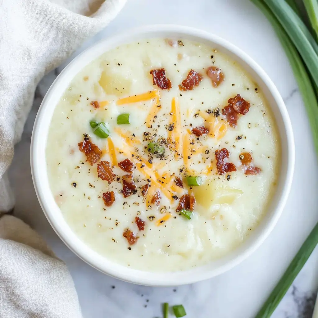 A-close-up-bowl-of-potato-soup-topped-with-shredded-cheddar-cheese-crumbled-bacon-green-onions-and-freshly-ground-black-pepper.