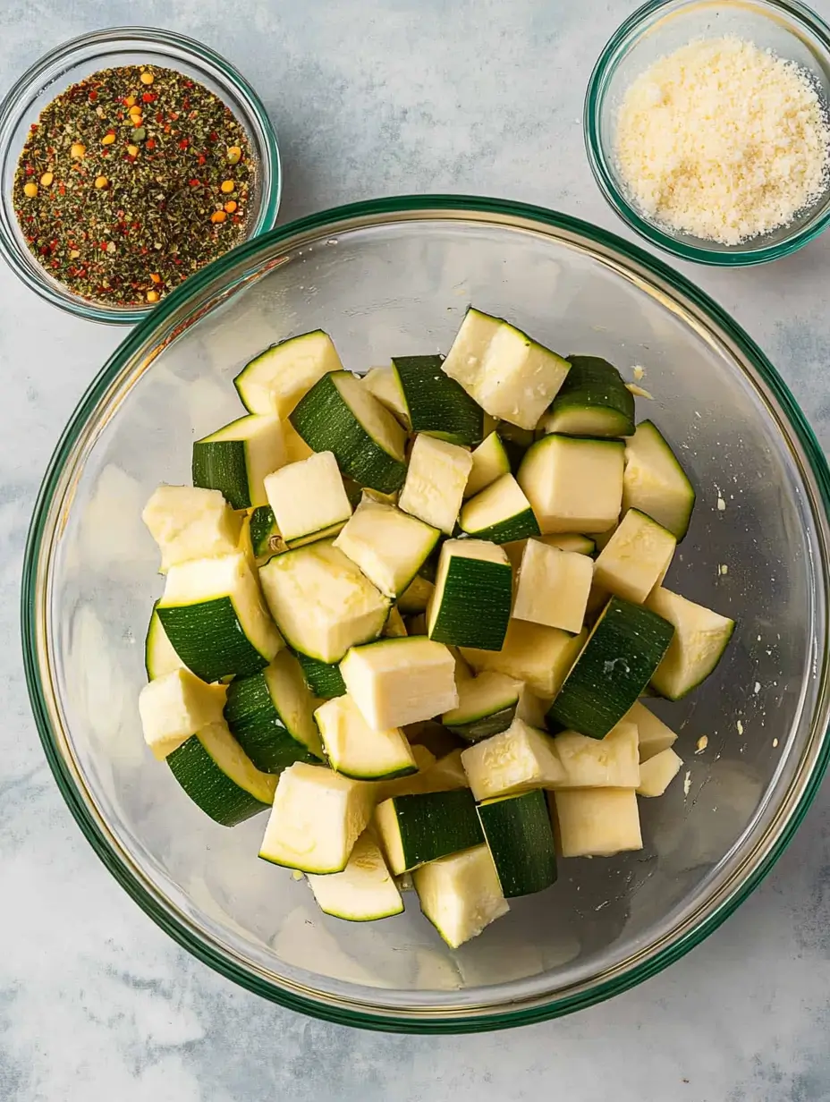 Irresistible 15-Minute Air Fryer Zucchini Parmesan 14 fresh-cut-zucchini-cubes-in-clear-glass-bowl-with-seasoning-step