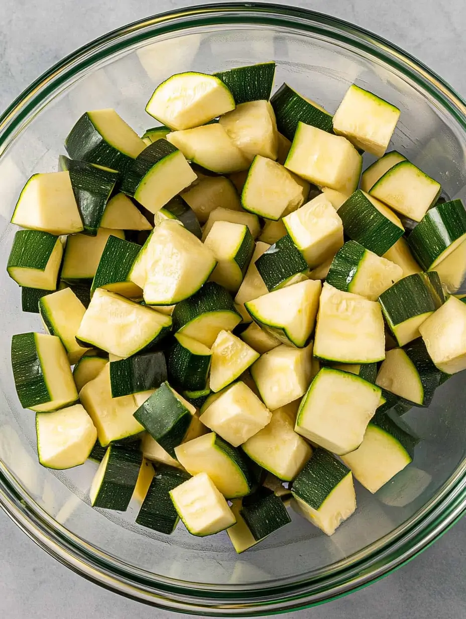 Irresistible 15-Minute Air Fryer Zucchini Parmesan 15 fresh-cut-zucchini-cubes-in-clear-glass-bowl-before-seasoning