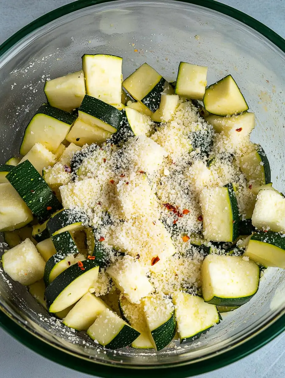 Irresistible 15-Minute Air Fryer Zucchini Parmesan 16 uncooked-zucchini-cubes-in-glass-bowl-with-parmesan-and-spices