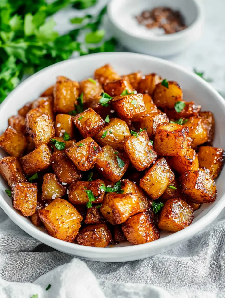 Crispy Air Fryer Breakfast Potatoes 20 Close-Up-of-Crispy-Potato-Cubes-in-White-Bowl