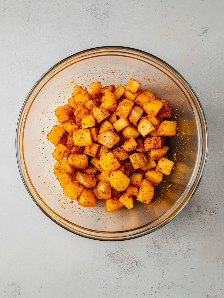 Crispy Air Fryer Breakfast Potatoes 16 Perfectly-Seasoned-Air-Fryer-Potato-cubes-in-Clear-Bowl