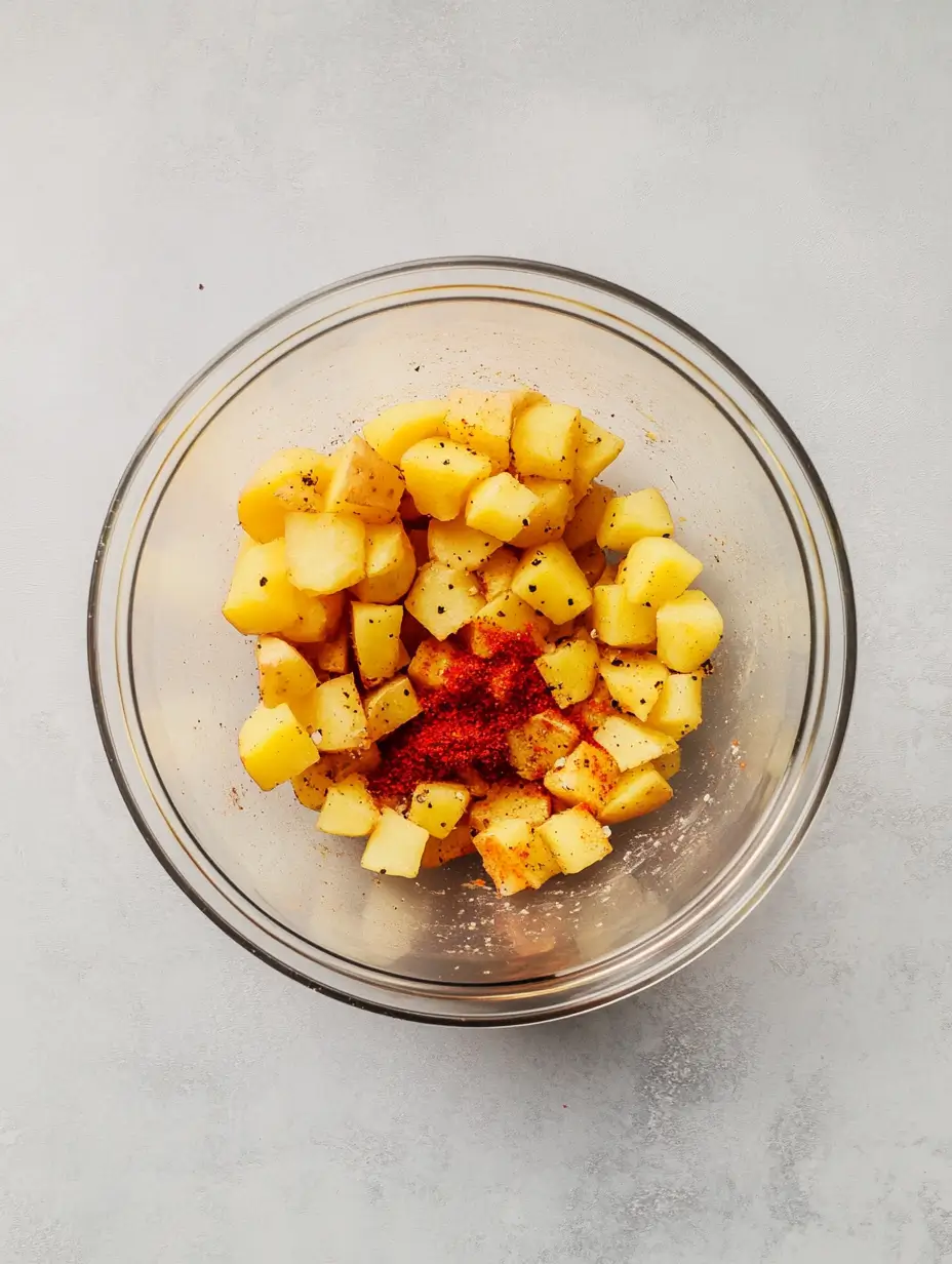 Crispy Air Fryer Breakfast Potatoes 15 Seasoned-Potato-Cubes-in-Clear-Mixing-Bowl